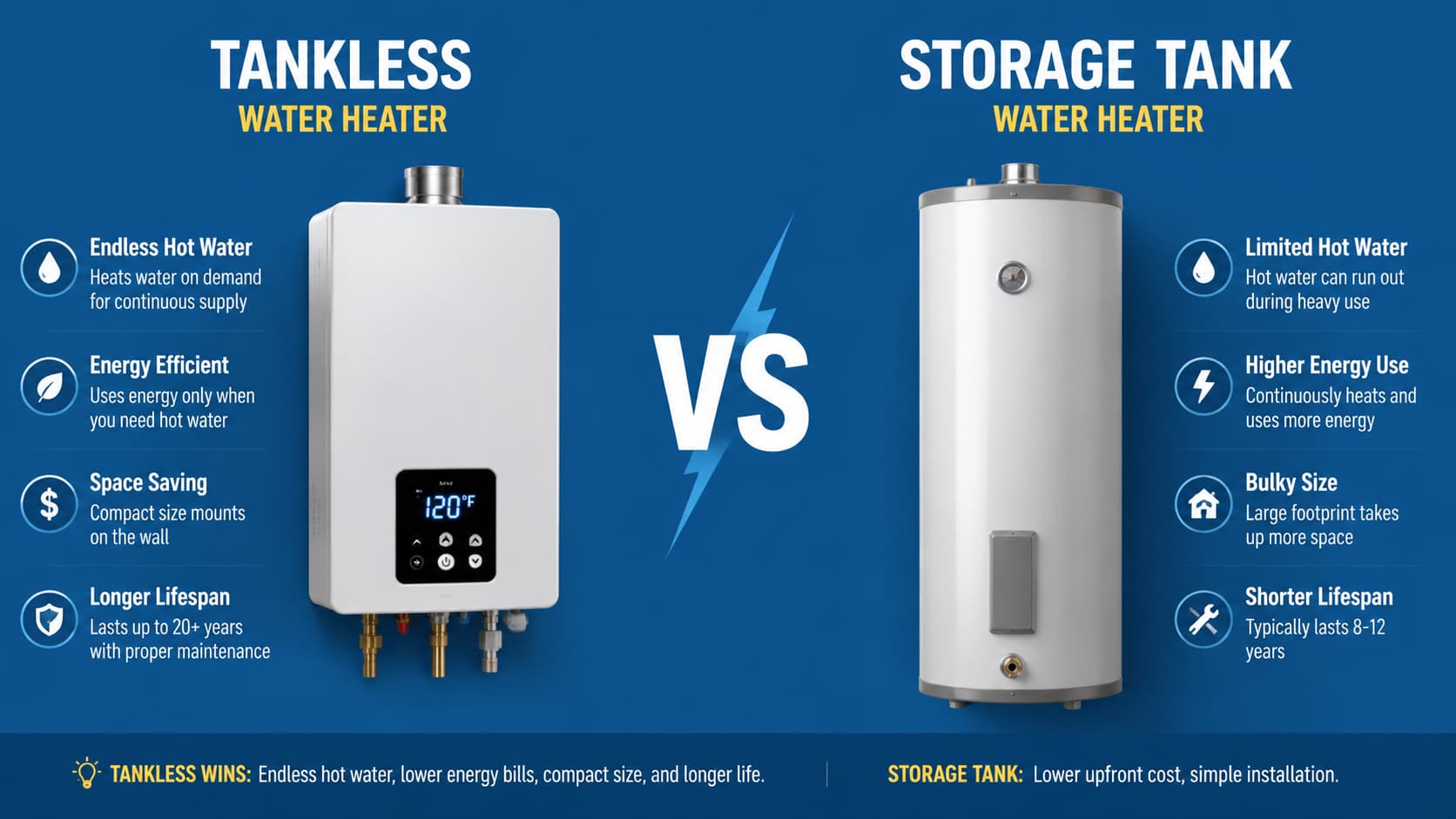 Tankless vs. Tank Water Heater Cost, Efficiency, and Lifespan